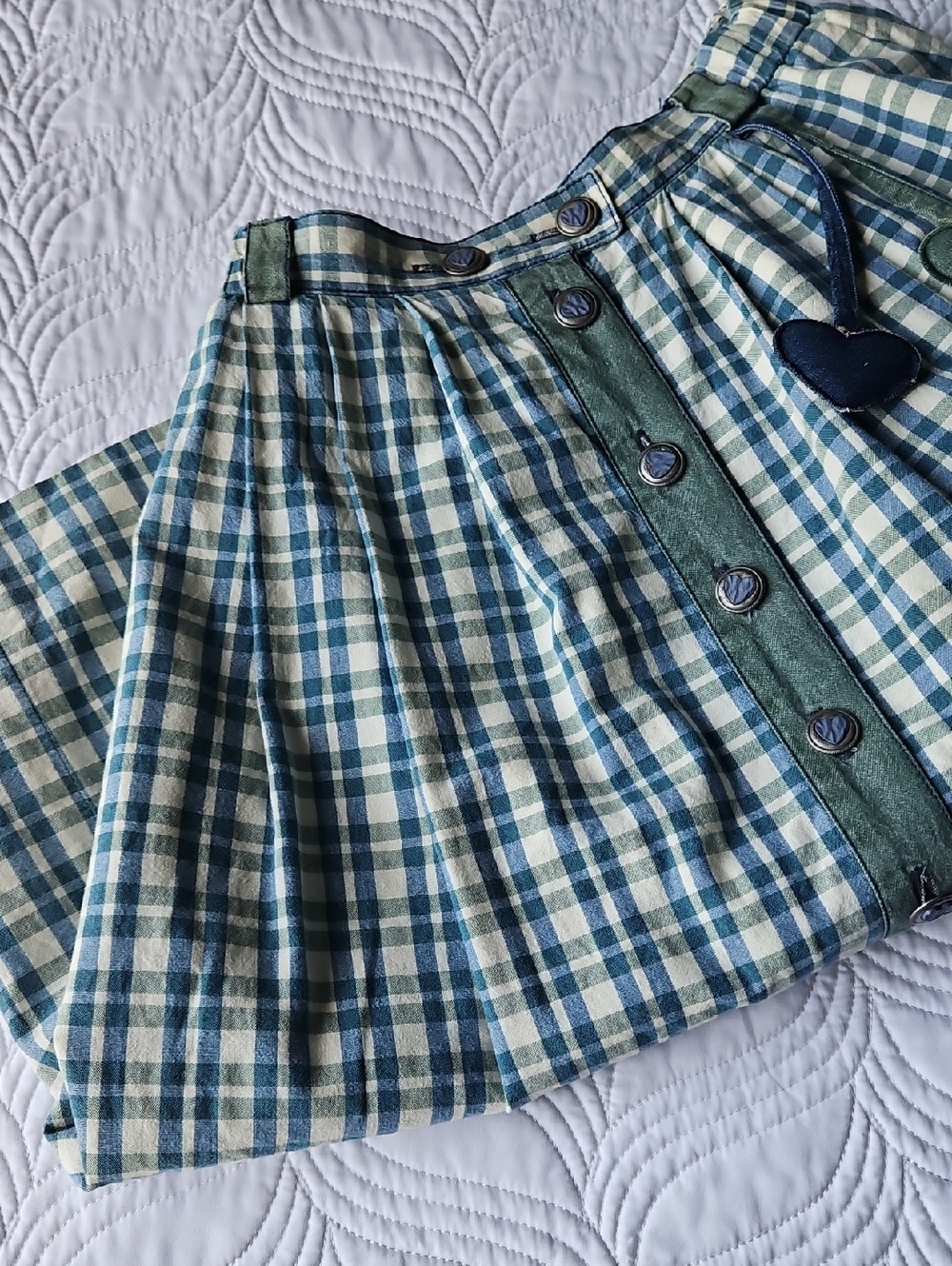 Vintage Green, Navy, & Off White Gingham High-Waisted Skirt